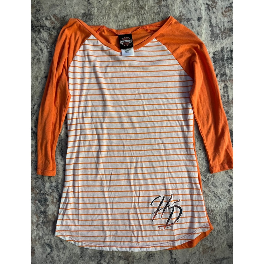 Harley-Davidson W-Med. Orange Striped 3/4 Raglan Shirt Lake of the Ozarks, MO